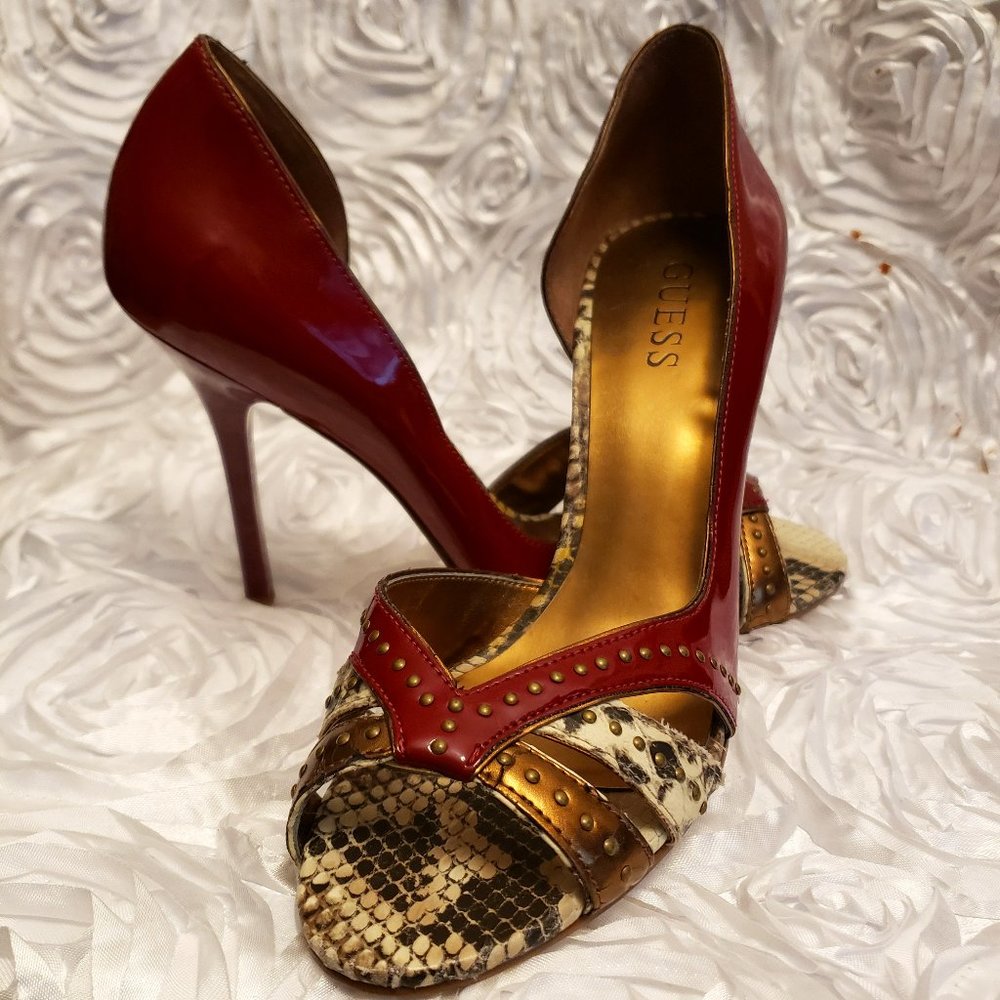 Guess Women's Red Patent Leather Snake Print D'Orsay Stiletto Heels Size 8.5 M